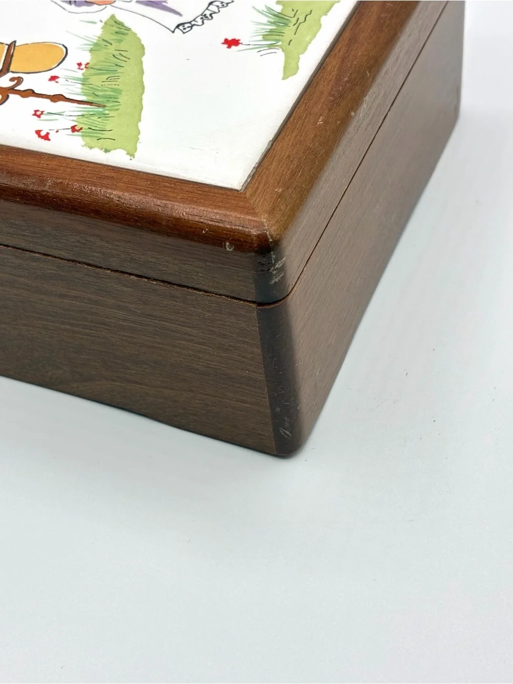 Vintage Mele Wood Jewelry Box Mirror Trinket Box Taiwan Girl Tile Lid